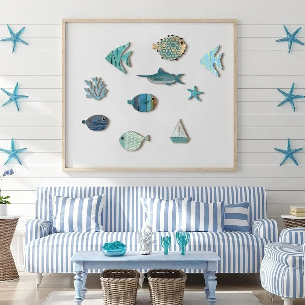 Handcrafted Wooden Ocean Wall Decor – Coastal Beach-Themed Set with Fish, Coral, Starfish & Sailboat for Home or Bathroom