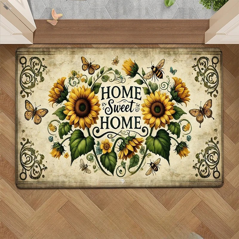Vintage Sunflower "Home Sweet Home" Non-Slip Floor Mat - Indoor and Outdoor Absorbent Floor Mat, Perfect for Home Decor