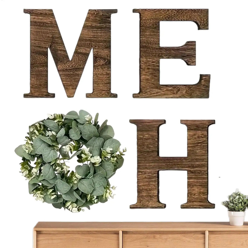 Wooden “HOME” Wall Sign with Faux Eucalyptus Wreath – Rustic Farmhouse Wall Decor for Kitchen & Living Room