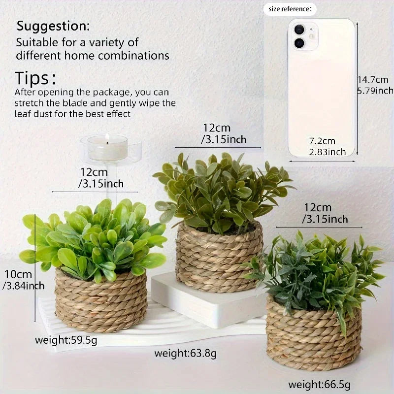 3pcs Green Artificial Plants Grass Woven Small Potted Plants Home Decoration home decor  home decoration  plants