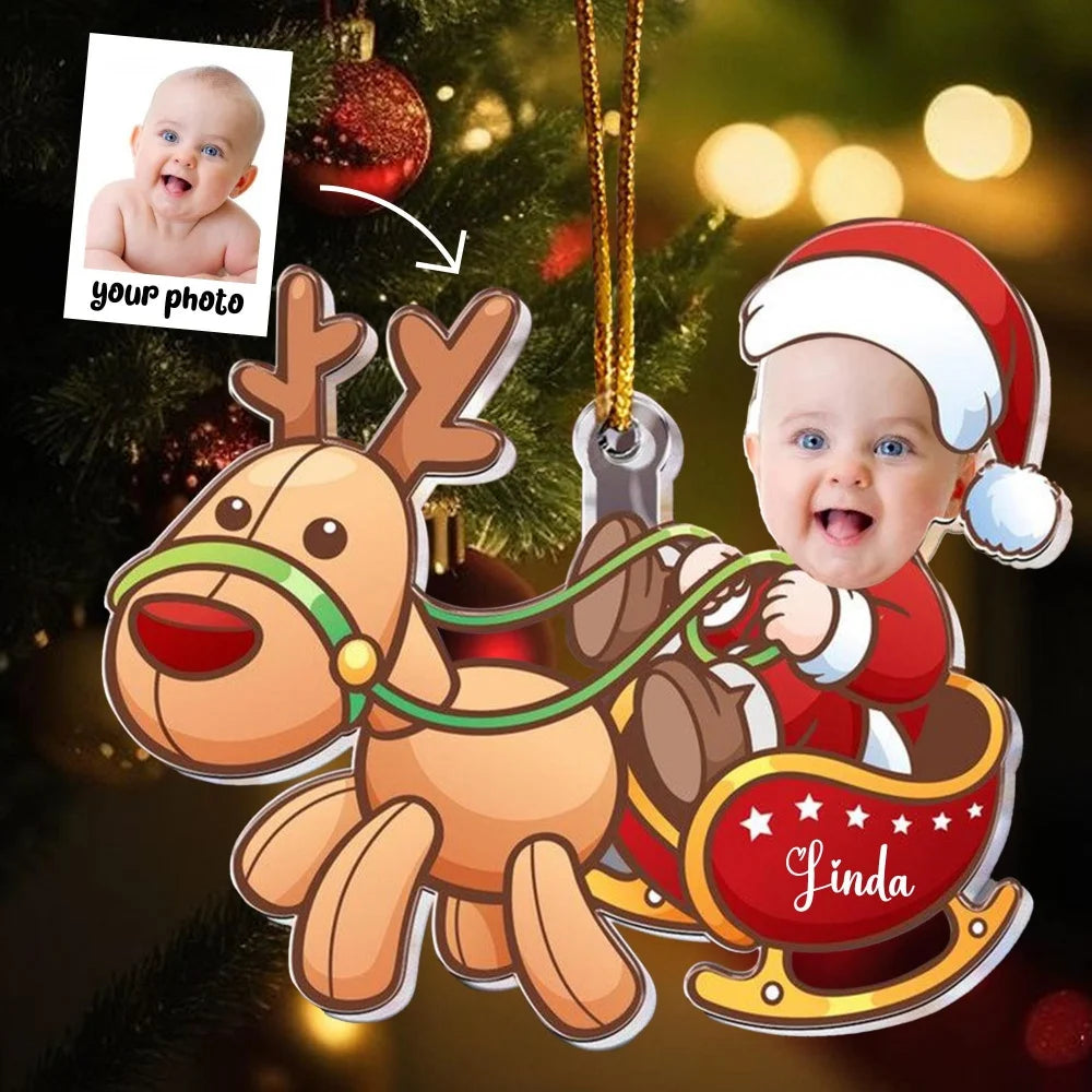 Christmas Car Ornament with Baby Photo, Personalized Name & Custom Text, Festive Holiday Hanging Decoration Keepsake