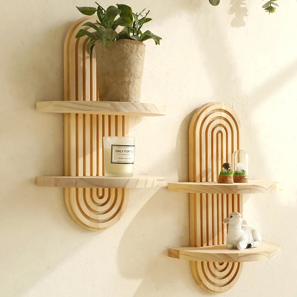 Boho Wooden Wall-Mounted Shelves – Geometric Plant Display Shelves with Natural Finish for Modern Home Decor