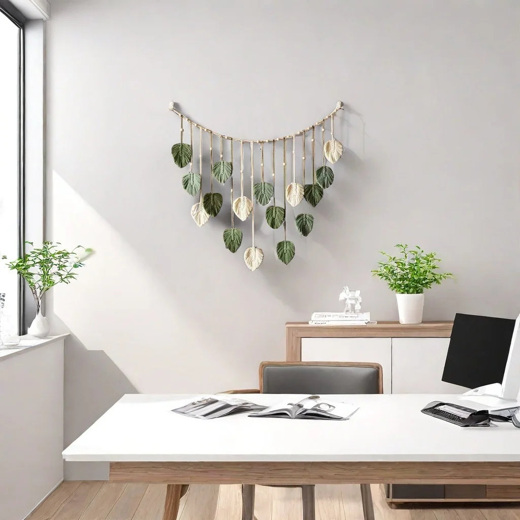 Boho Macrame Leaf Wall Hanging – Handmade Feather Tapestry for Bedroom & Living Room Home Decor