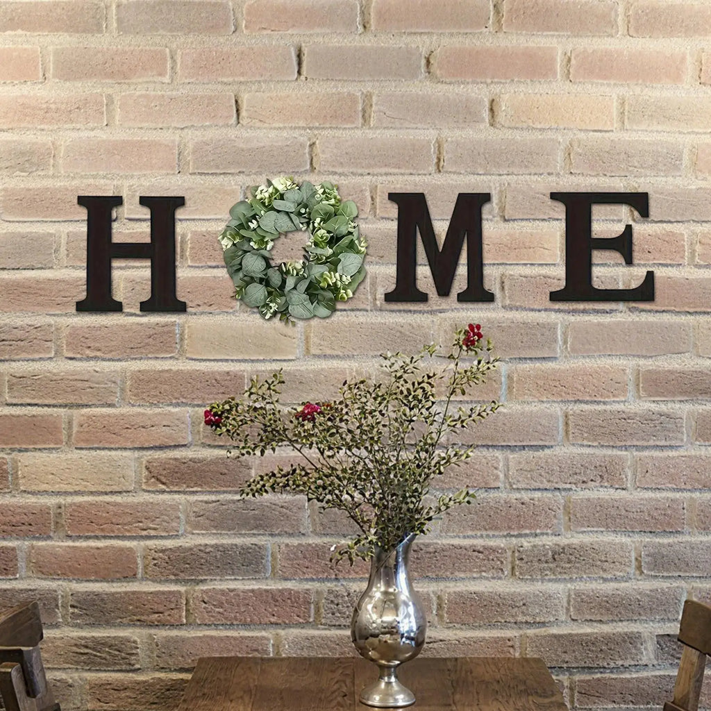 Wooden “HOME” Wall Sign with Faux Eucalyptus Wreath – Rustic Farmhouse Wall Decor for Kitchen & Living Room