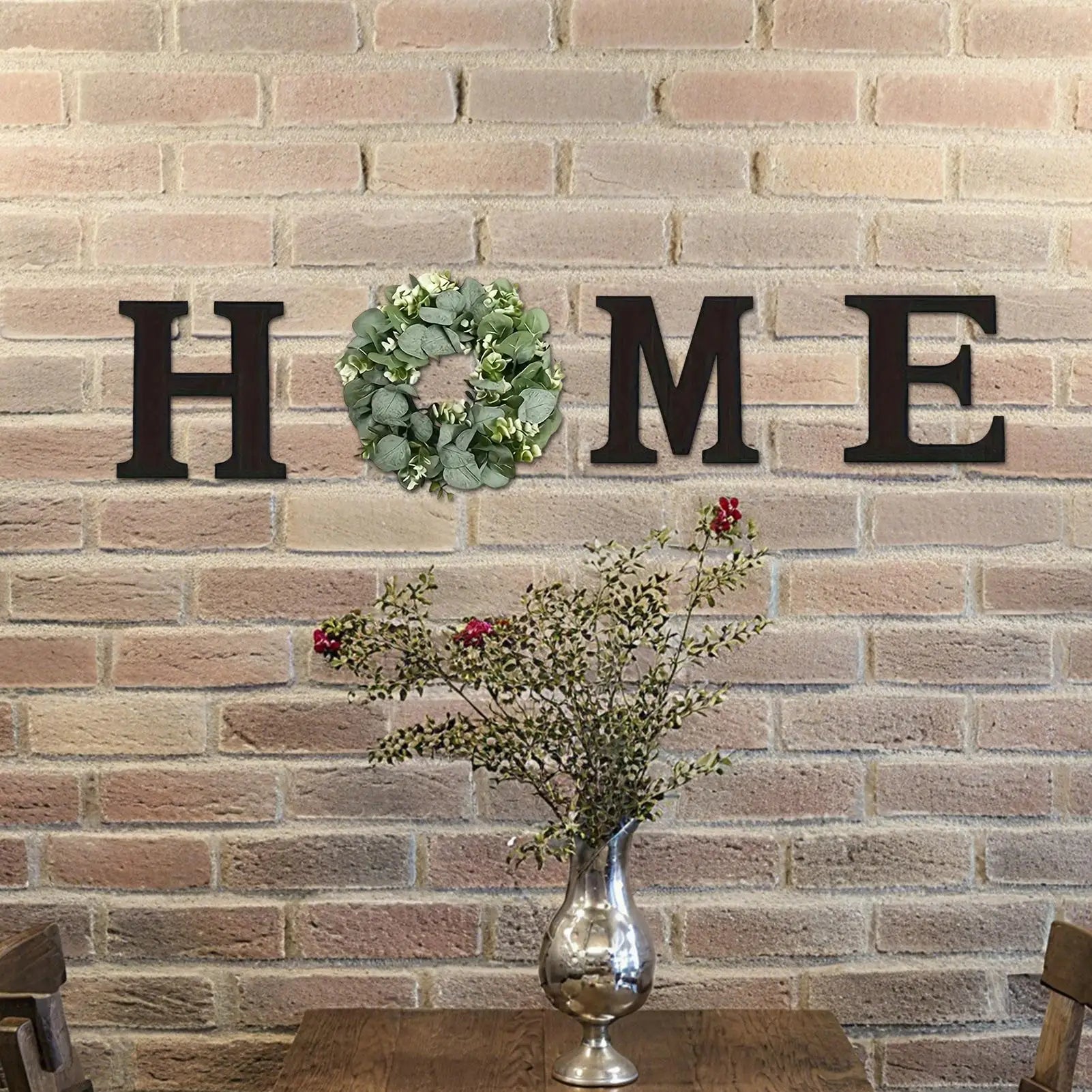 Wooden “HOME” Wall Sign with Faux Eucalyptus Wreath – Rustic Farmhouse Wall Decor for Kitchen & Living Room