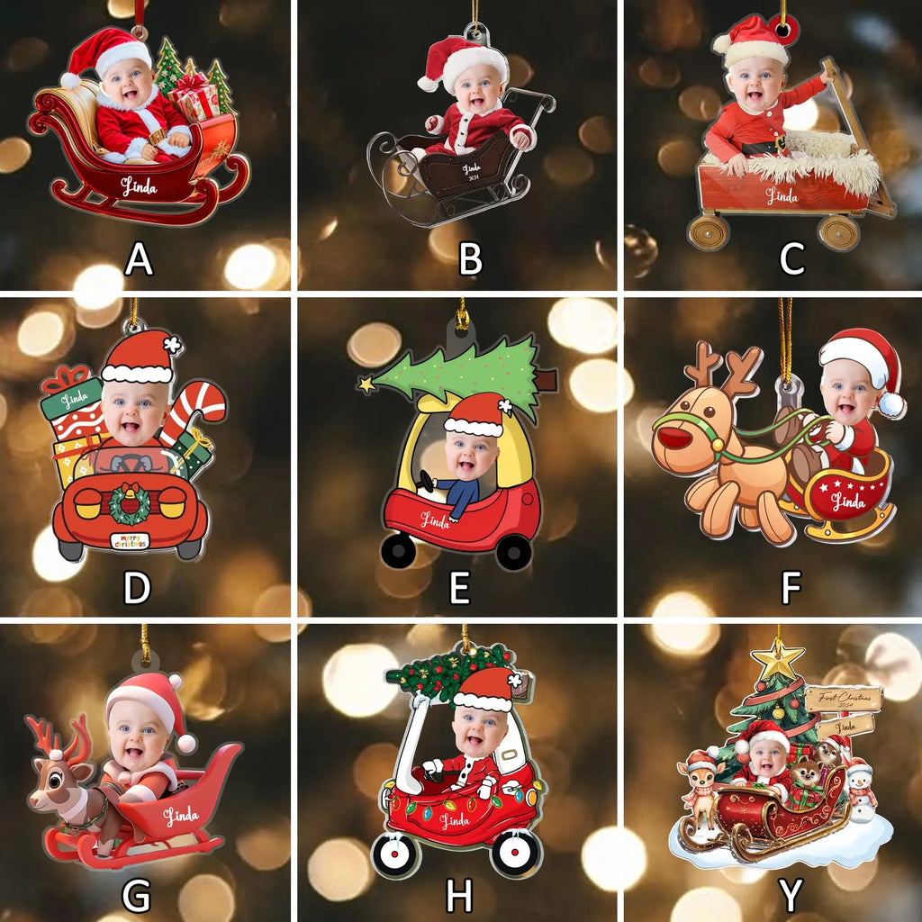 Christmas Car Ornament with Baby Photo, Personalized Name & Custom Text, Festive Holiday Hanging Decoration Keepsake