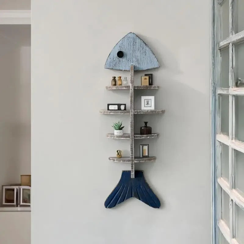 Mediterranean 3D Fishbone Wall Shelf – Retro Wooden Wall Organizer & Fish-Shaped Decor for Living Room
