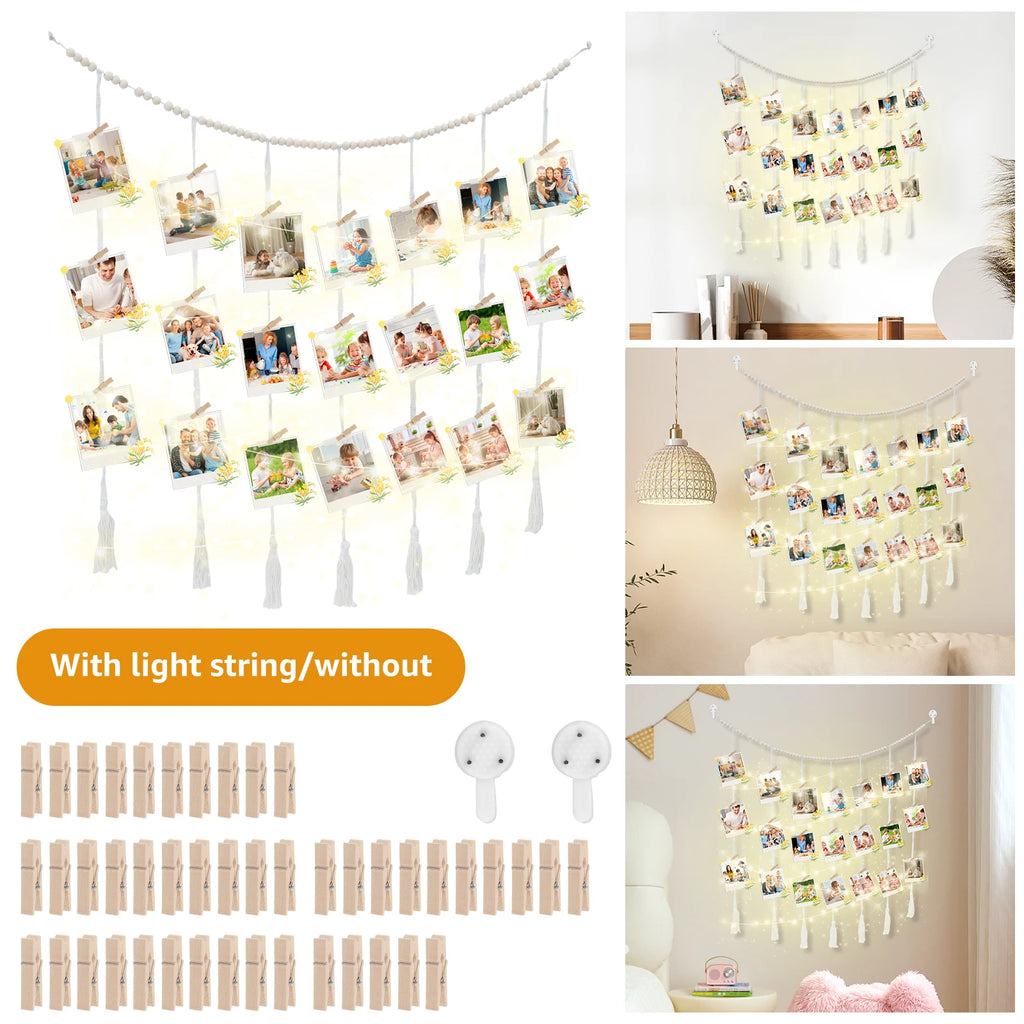 Photo Display Wall Hanging Decor Boho Home Decoration Cotton Rope Beads Macrame Tapestry for Wall Hanging Room Romance Decor