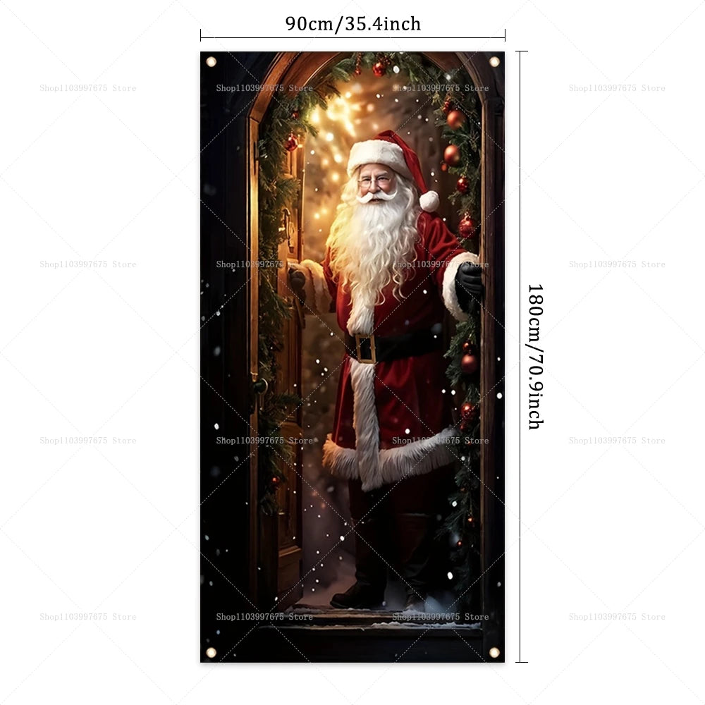 Christmas Decorations Santa Claus Door Banner Xmas Tree Gift Backdrop for Christmas Eve Indoor Outdoor Porch Background Decor
