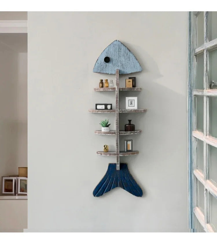 Mediterranean 3D Fishbone Wall Shelf – Retro Wooden Wall Organizer & Fish-Shaped Decor for Living Room