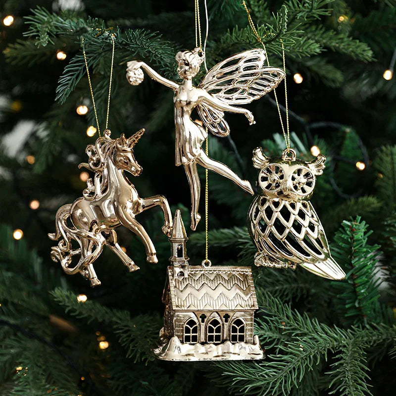 Xmas Ornament Ball Butterfly Dragonfly Angel Snowflake Gold Plastic Xmas Baubles Christmas Hanging Decor Christmas Tree Ornament