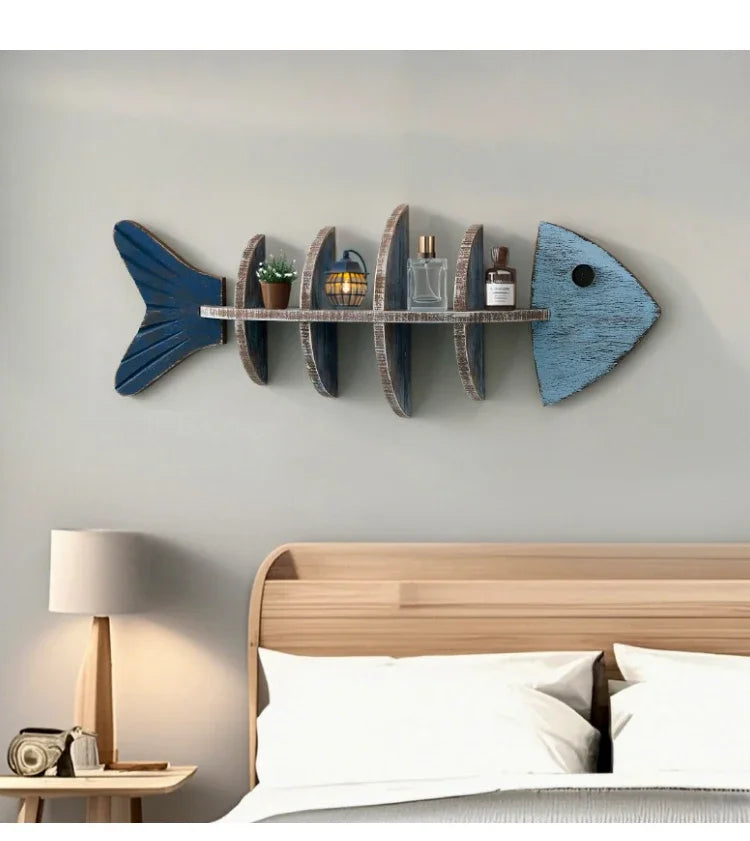 Mediterranean 3D Fishbone Wall Shelf – Retro Wooden Wall Organizer & Fish-Shaped Decor for Living Room