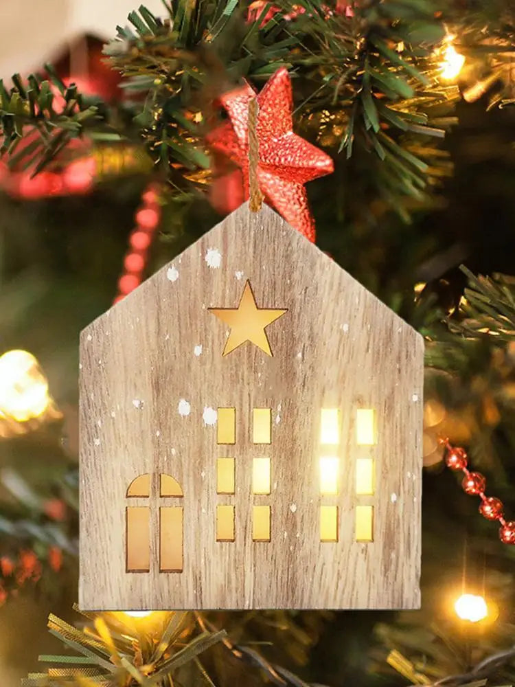 Christmas Wooden House Decor Creative House Shape Light Up Hanging Ornament Christmas Party Supplies Indoor Home Decoration
