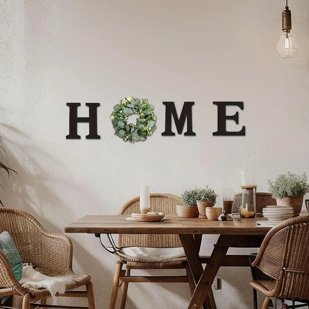 Wooden “HOME” Wall Sign with Faux Eucalyptus Wreath – Rustic Farmhouse Wall Decor for Kitchen & Living Room