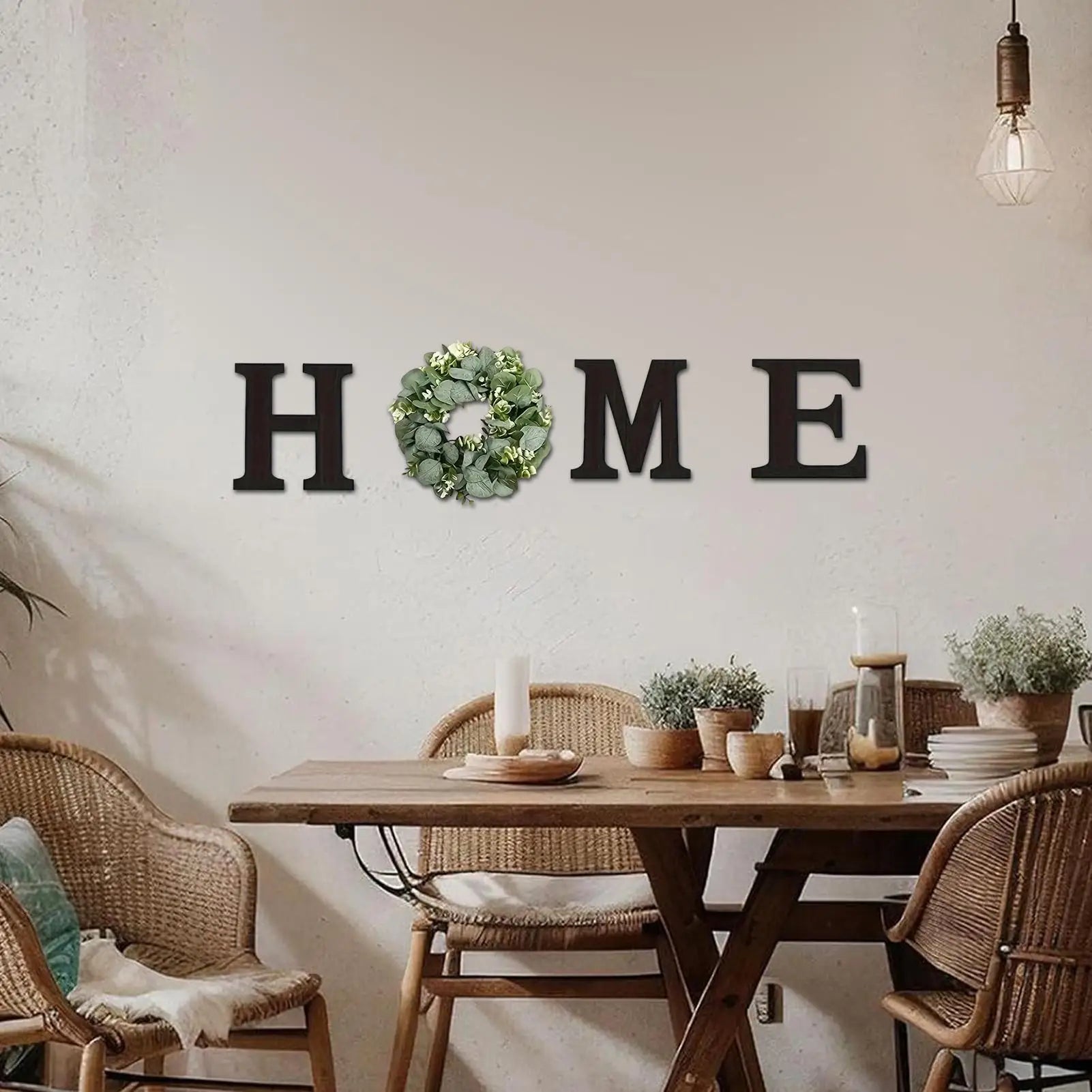 Wooden “HOME” Wall Sign with Faux Eucalyptus Wreath – Rustic Farmhouse Wall Decor for Kitchen & Living Room