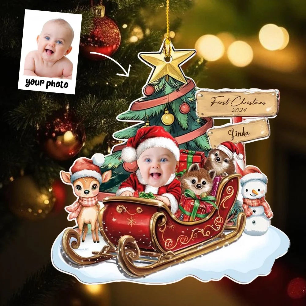 Christmas Car Ornament with Baby Photo, Personalized Name & Custom Text, Festive Holiday Hanging Decoration Keepsake