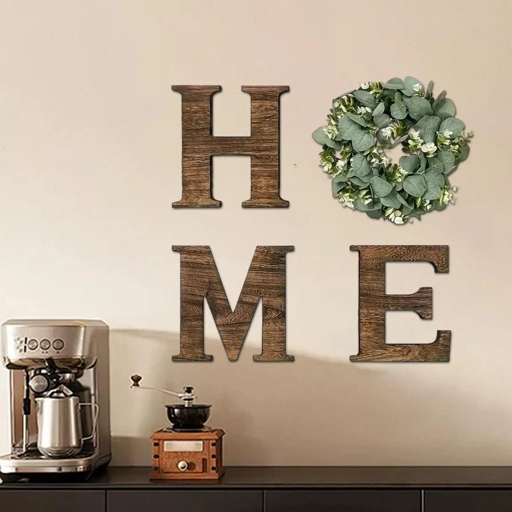 Wooden “HOME” Wall Sign with Faux Eucalyptus Wreath – Rustic Farmhouse Wall Decor for Kitchen & Living Room