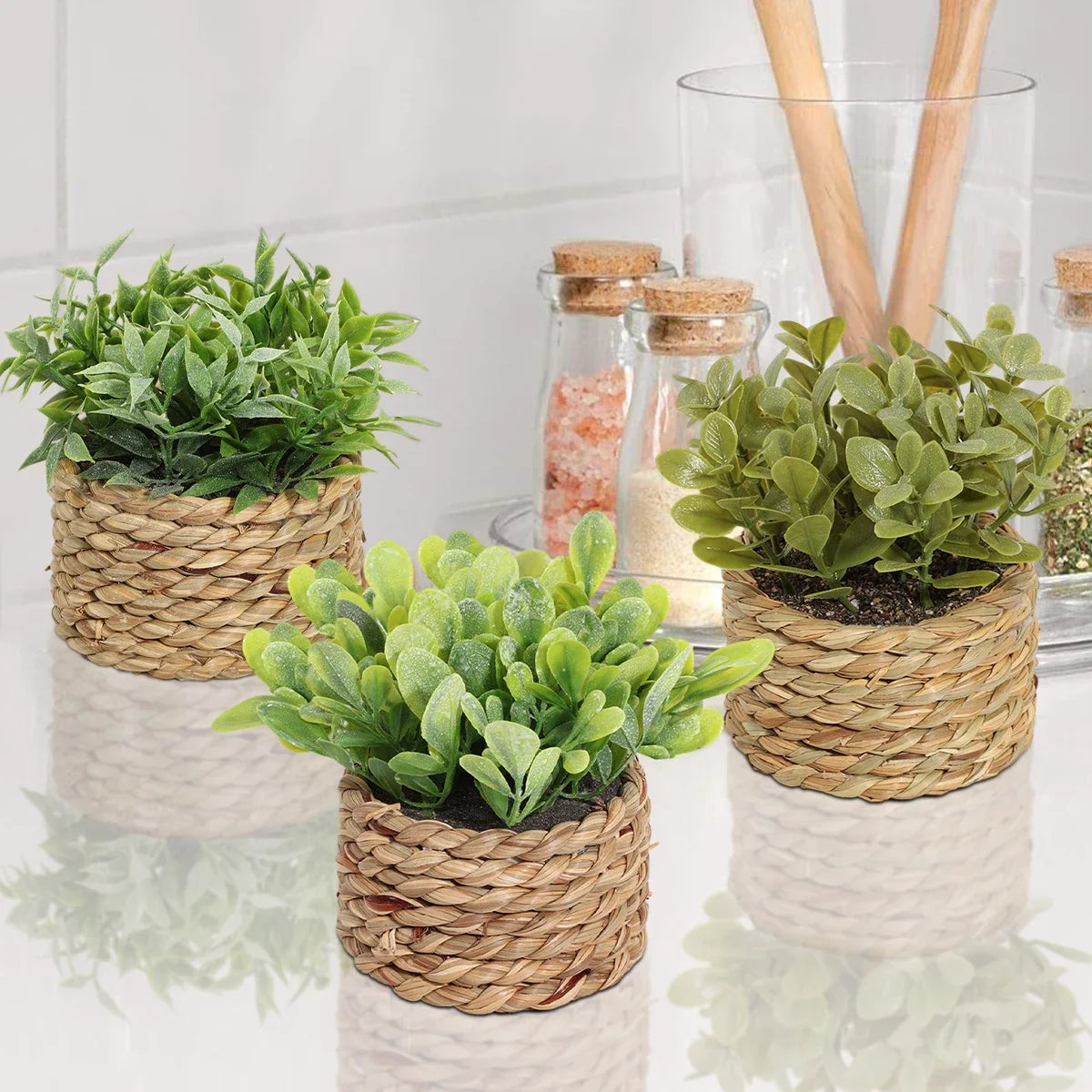 3pcs Green Artificial Plants Grass Woven Small Potted Plants Home Decoration home decor  home decoration  plants