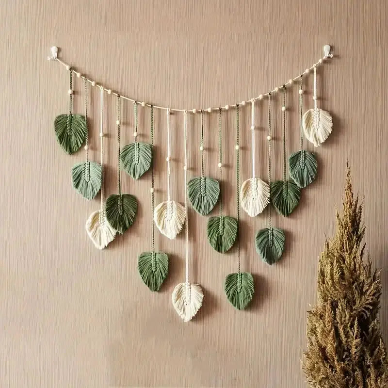 Boho Macrame Leaf Wall Hanging – Handmade Feather Tapestry for Bedroom & Living Room Home Decor