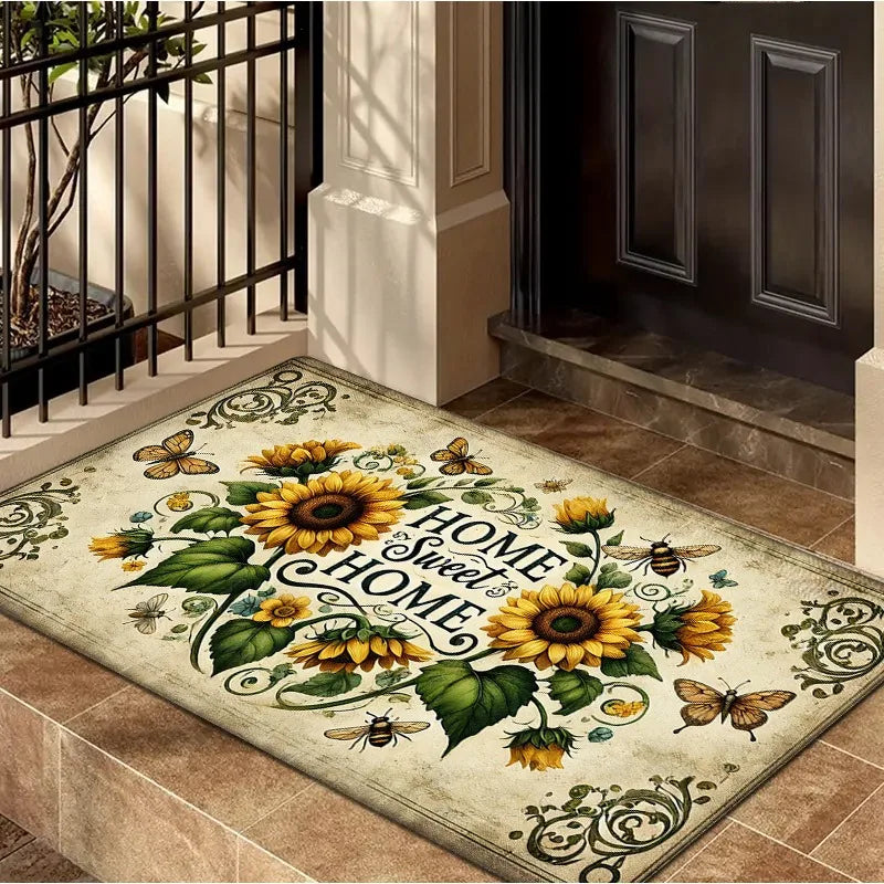 Vintage Sunflower "Home Sweet Home" Non-Slip Floor Mat - Indoor and Outdoor Absorbent Floor Mat, Perfect for Home Decor
