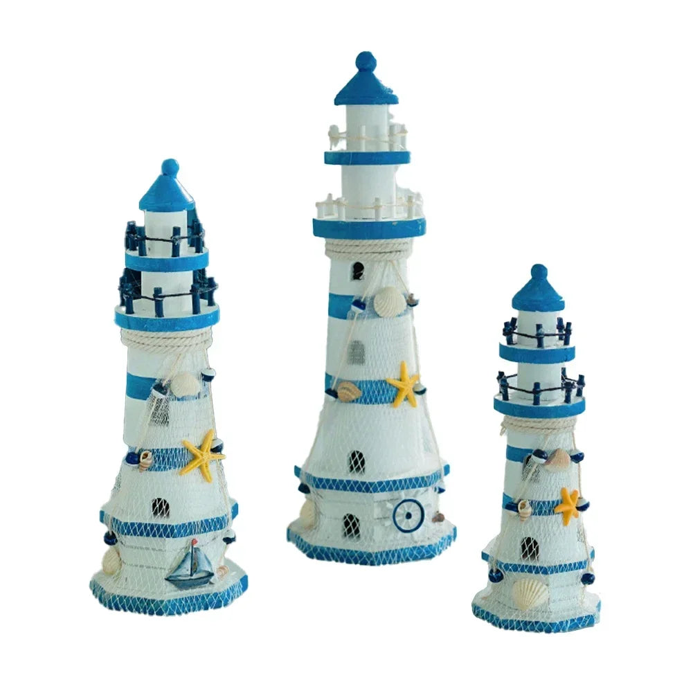 Mediterranean Wooden Lighthouse Decor – Nautical Sea-Themed Home Ornament & Creative Marine Gift for Kids and Living Rooms