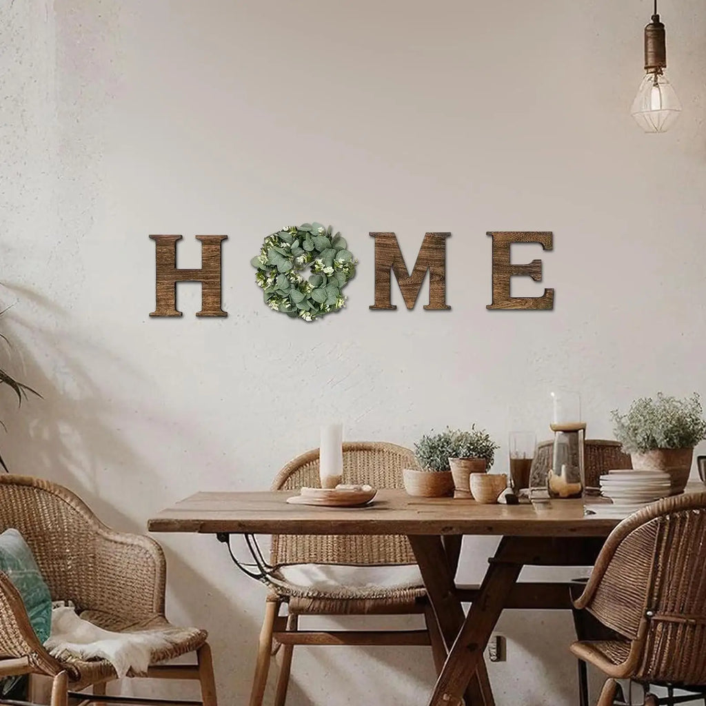 Wooden “HOME” Wall Sign with Faux Eucalyptus Wreath – Rustic Farmhouse Wall Decor for Kitchen & Living Room
