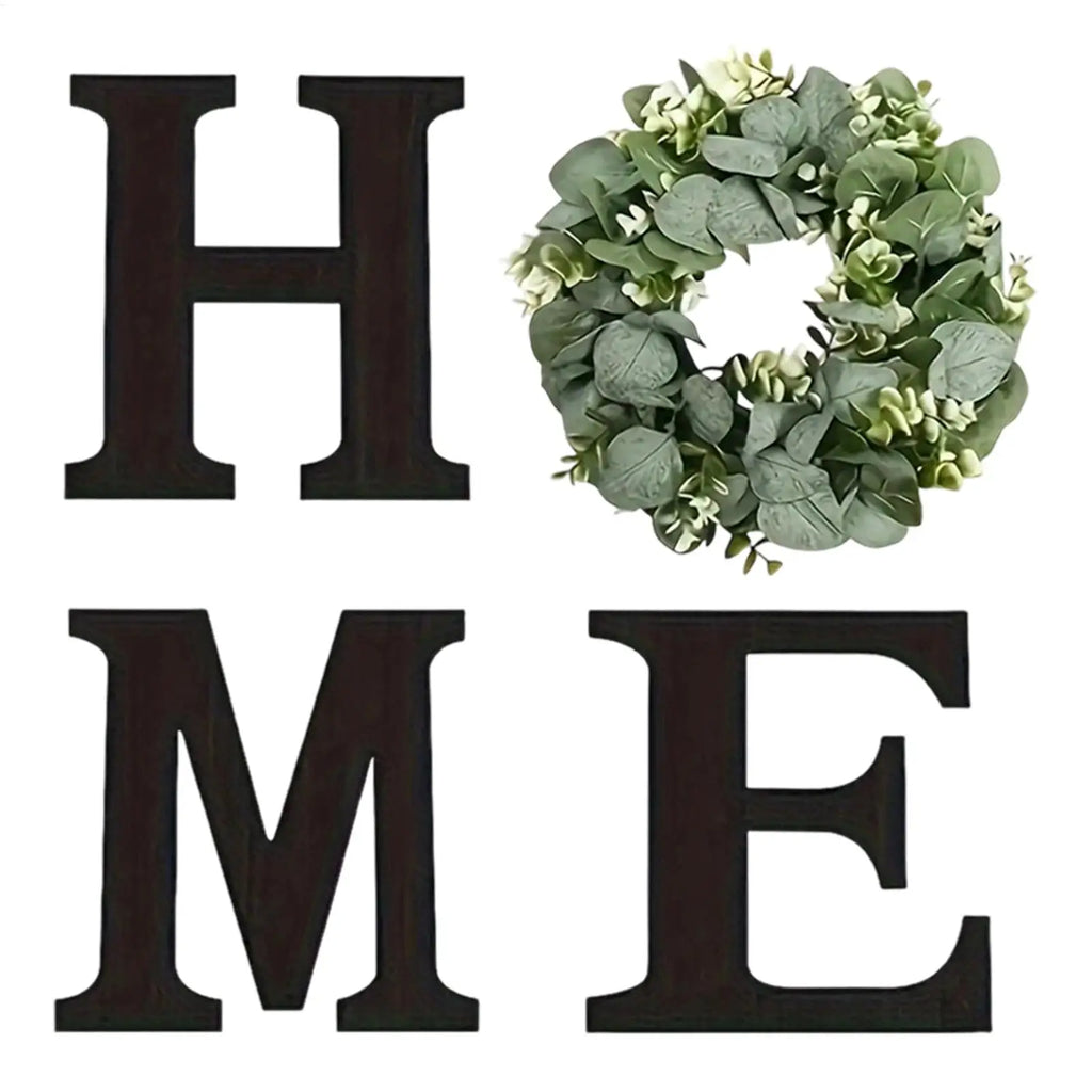 Wooden “HOME” Wall Sign with Faux Eucalyptus Wreath – Rustic Farmhouse Wall Decor for Kitchen & Living Room