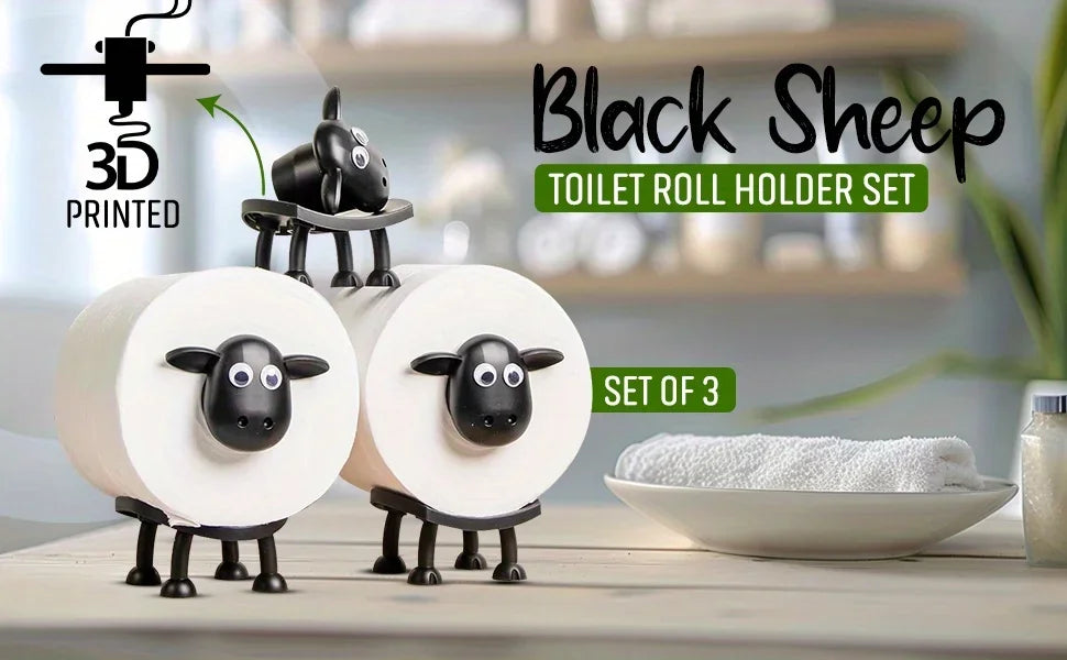 Funny Sheep Toilet Paper Holder – 3D Printed Black Free-Standing Bathroom Roll Stand, Cute & Humorous Home Decor (1/3PCS)