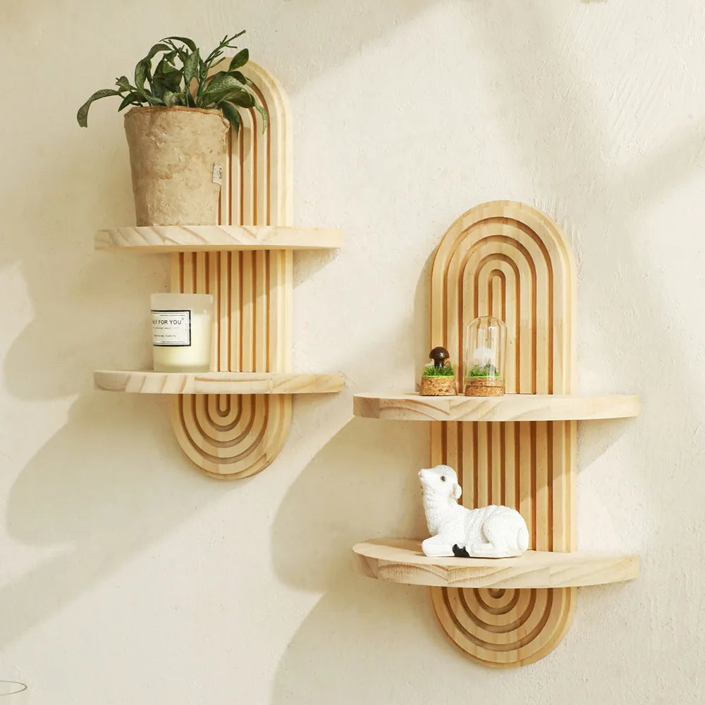 Boho Wooden Wall-Mounted Shelves – Geometric Plant Display Shelves with Natural Finish for Modern Home Decor