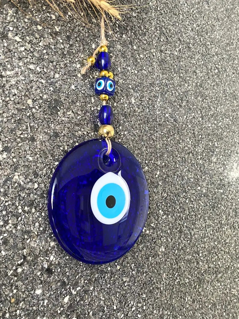 Blue Evil Eye Wall Hanging – Glass Nazar Boncuk Home Decor, Bohemian Greek Art