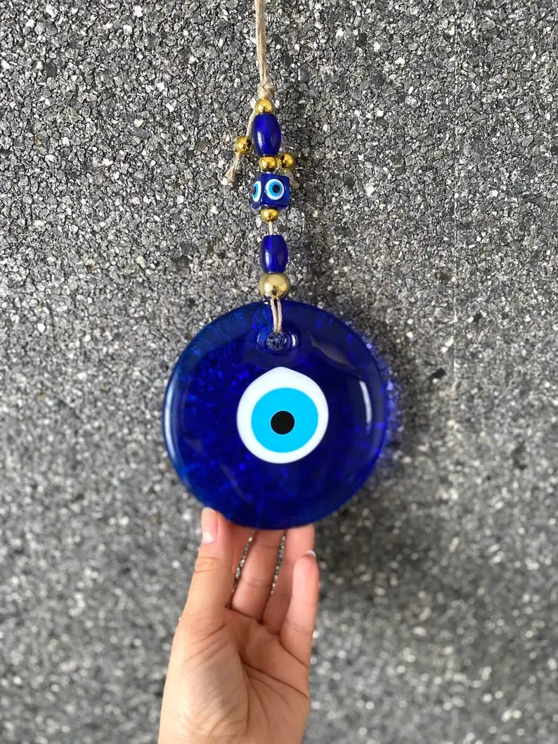 Blue Evil Eye Wall Hanging – Glass Nazar Boncuk Home Decor, Bohemian Greek Art