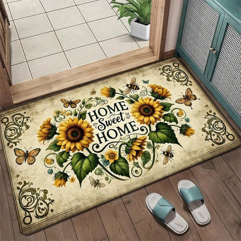 Vintage Sunflower "Home Sweet Home" Non-Slip Floor Mat - Indoor and Outdoor Absorbent Floor Mat, Perfect for Home Decor