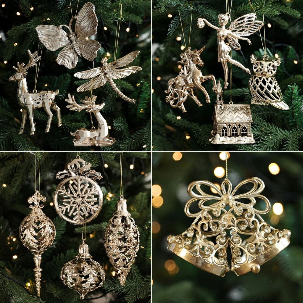 Xmas Ornament Ball Butterfly Dragonfly Angel Snowflake Gold Plastic Xmas Baubles Christmas Hanging Decor Christmas Tree Ornament