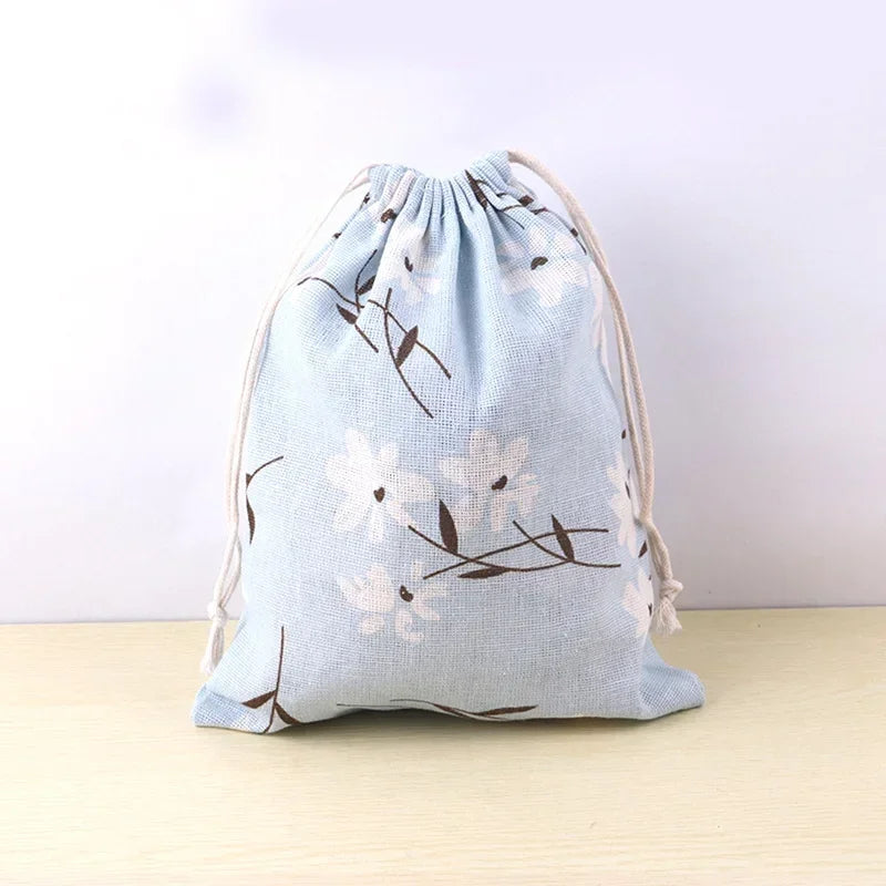 Cotton Linen Fabric Pouch Drawstring Bag Cute Animal Plant Print Kids Travel Cloth Shoes Storage Bag Makeup Case Xmas Gift Bag