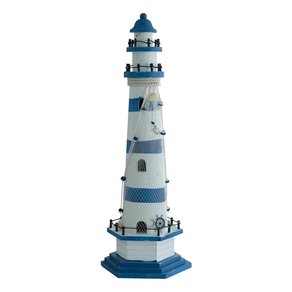Mediterranean Wooden Lighthouse Decor – Nautical Sea-Themed Home Ornament & Creative Marine Gift for Kids and Living Rooms