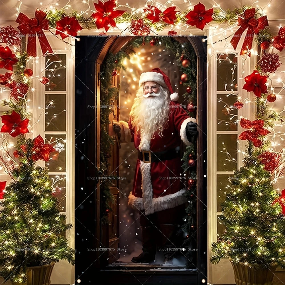 Christmas Decorations Santa Claus Door Banner Xmas Tree Gift Backdrop for Christmas Eve Indoor Outdoor Porch Background Decor