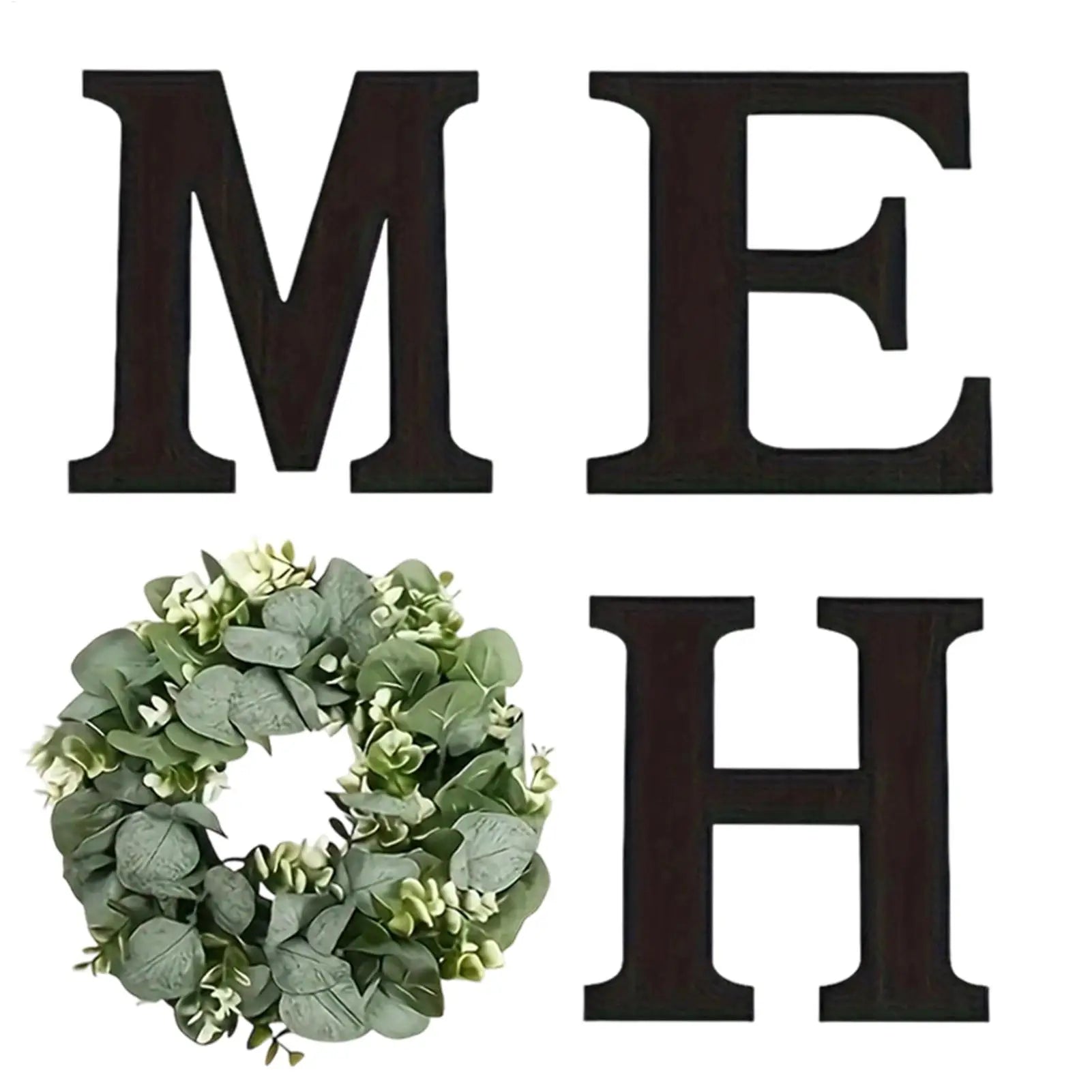 Wooden “HOME” Wall Sign with Faux Eucalyptus Wreath – Rustic Farmhouse Wall Decor for Kitchen & Living Room