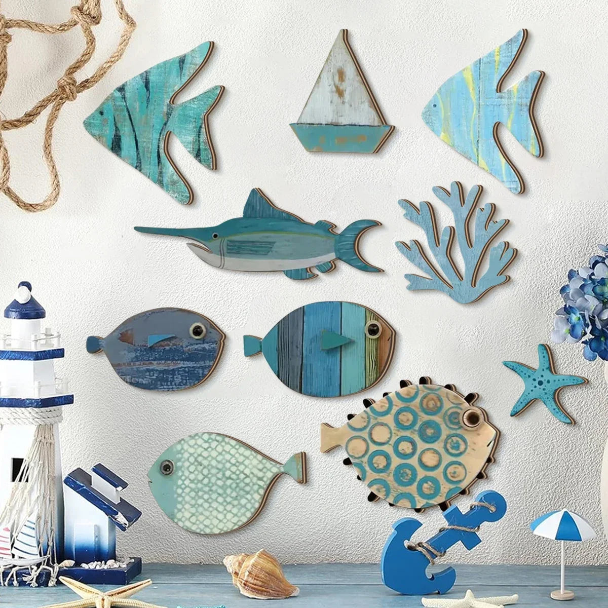 Handcrafted Wooden Ocean Wall Decor – Coastal Beach-Themed Set with Fish, Coral, Starfish & Sailboat for Home or Bathroom