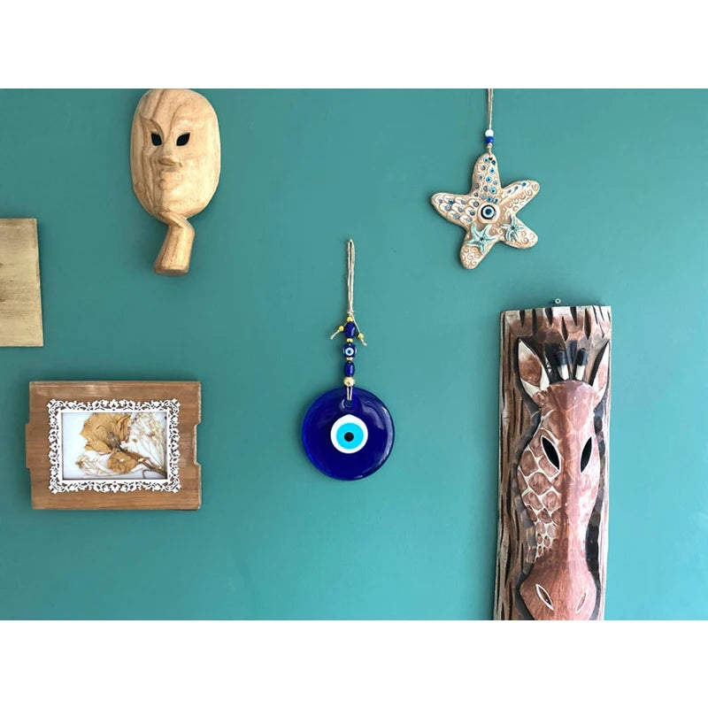 Blue Evil Eye Wall Hanging – Glass Nazar Boncuk Home Decor, Bohemian Greek Art