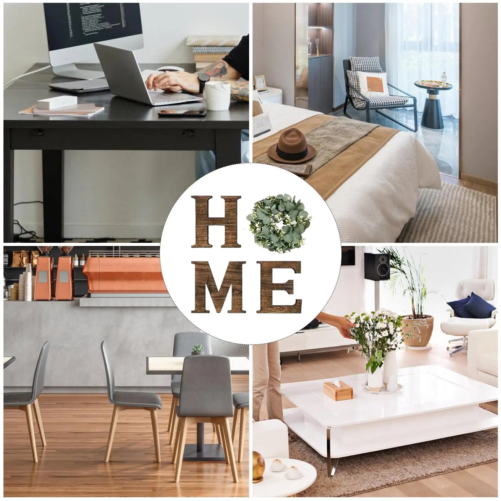 Wooden “HOME” Wall Sign with Faux Eucalyptus Wreath – Rustic Farmhouse Wall Decor for Kitchen & Living Room