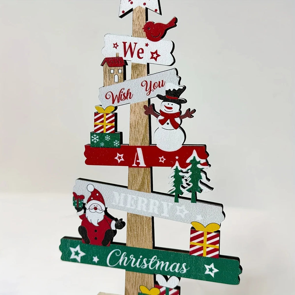 Christmas Wooden Tabletop Decoration, Festive Mini Tree with Santa, Snowman, and Gifts,Manufactured Wood Seasonal Decor