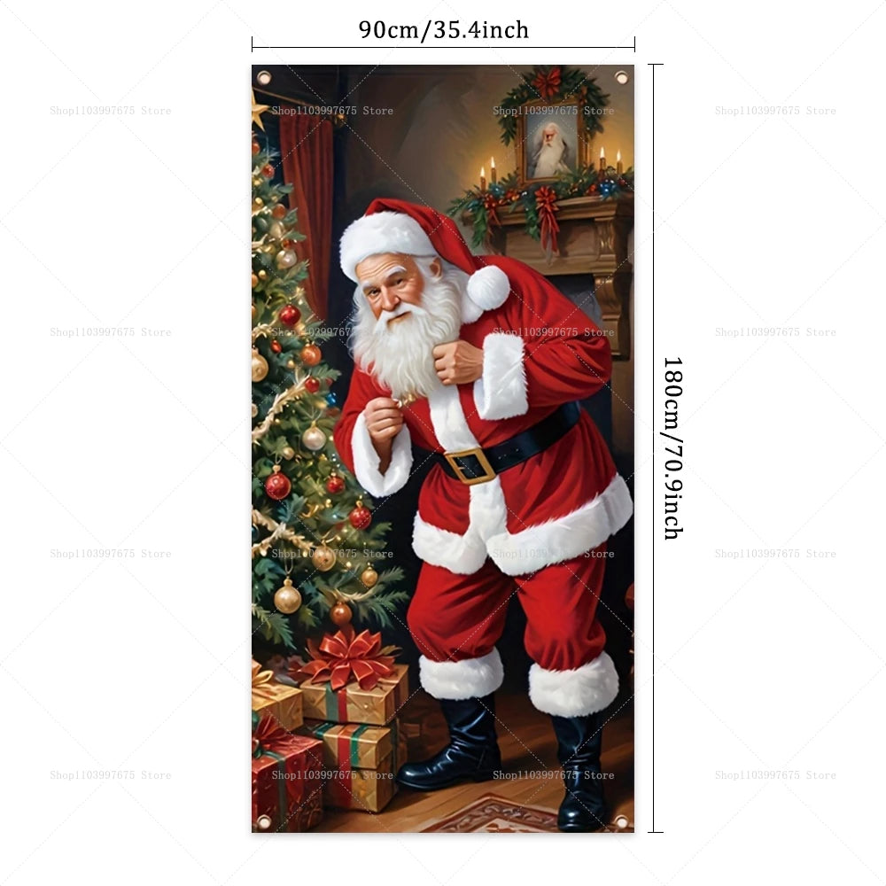 Christmas Decorations Santa Claus Door Banner Xmas Tree Gift Backdrop for Christmas Eve Indoor Outdoor Porch Background Decor