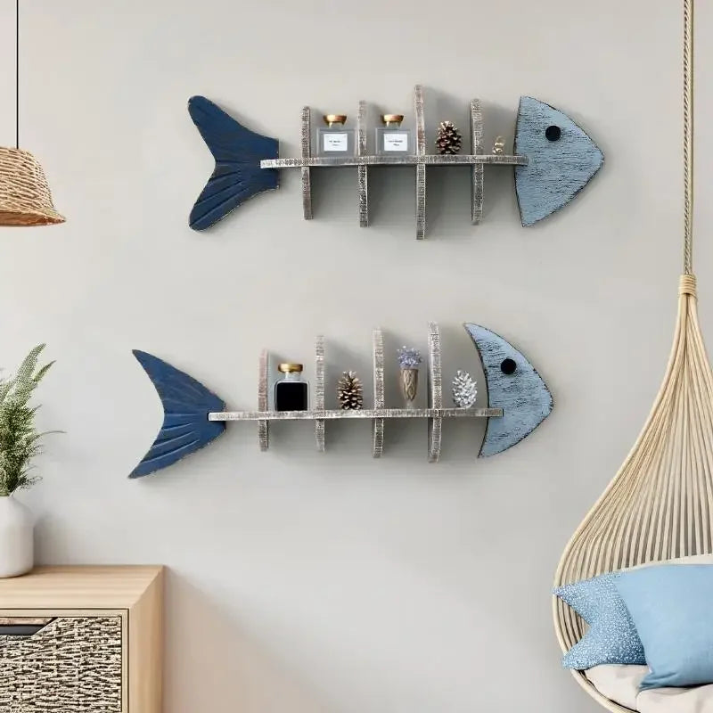 Mediterranean 3D Wooden Fishbone Wall Shelf – Retro Fish-Shaped Organizer & Decorative Wall Art for Living Rooms