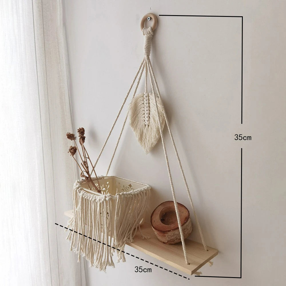 Boho Wooden Wall Hanging Shelves – Macrame Floating Plant Shelf & Rustic Wall Decor for Bedroom, Living Room & Office