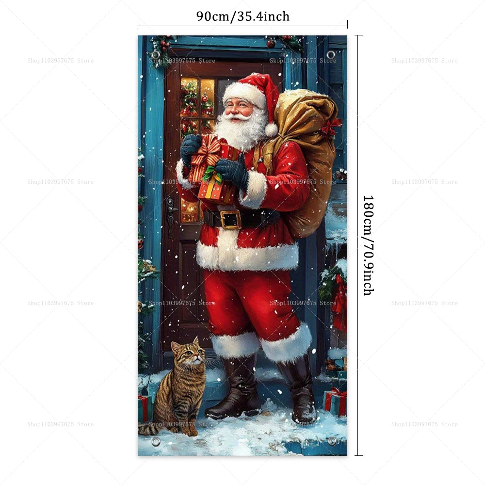 Christmas Decorations Santa Claus Door Banner Xmas Tree Gift Backdrop for Christmas Eve Indoor Outdoor Porch Background Decor