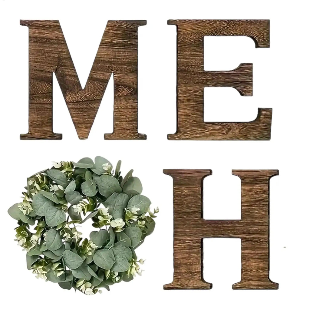 Wooden “HOME” Wall Sign with Faux Eucalyptus Wreath – Rustic Farmhouse Wall Decor for Kitchen & Living Room