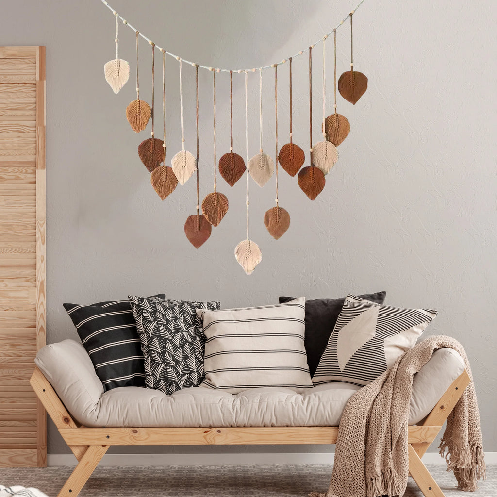 Boho Macrame Leaf Wall Hanging – Handmade Feather Tapestry for Bedroom & Living Room Home Decor