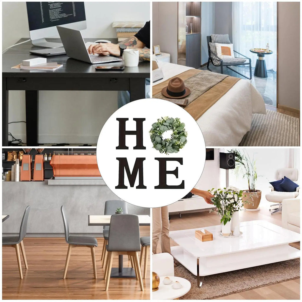 Wooden “HOME” Wall Sign with Faux Eucalyptus Wreath – Rustic Farmhouse Wall Decor for Kitchen & Living Room