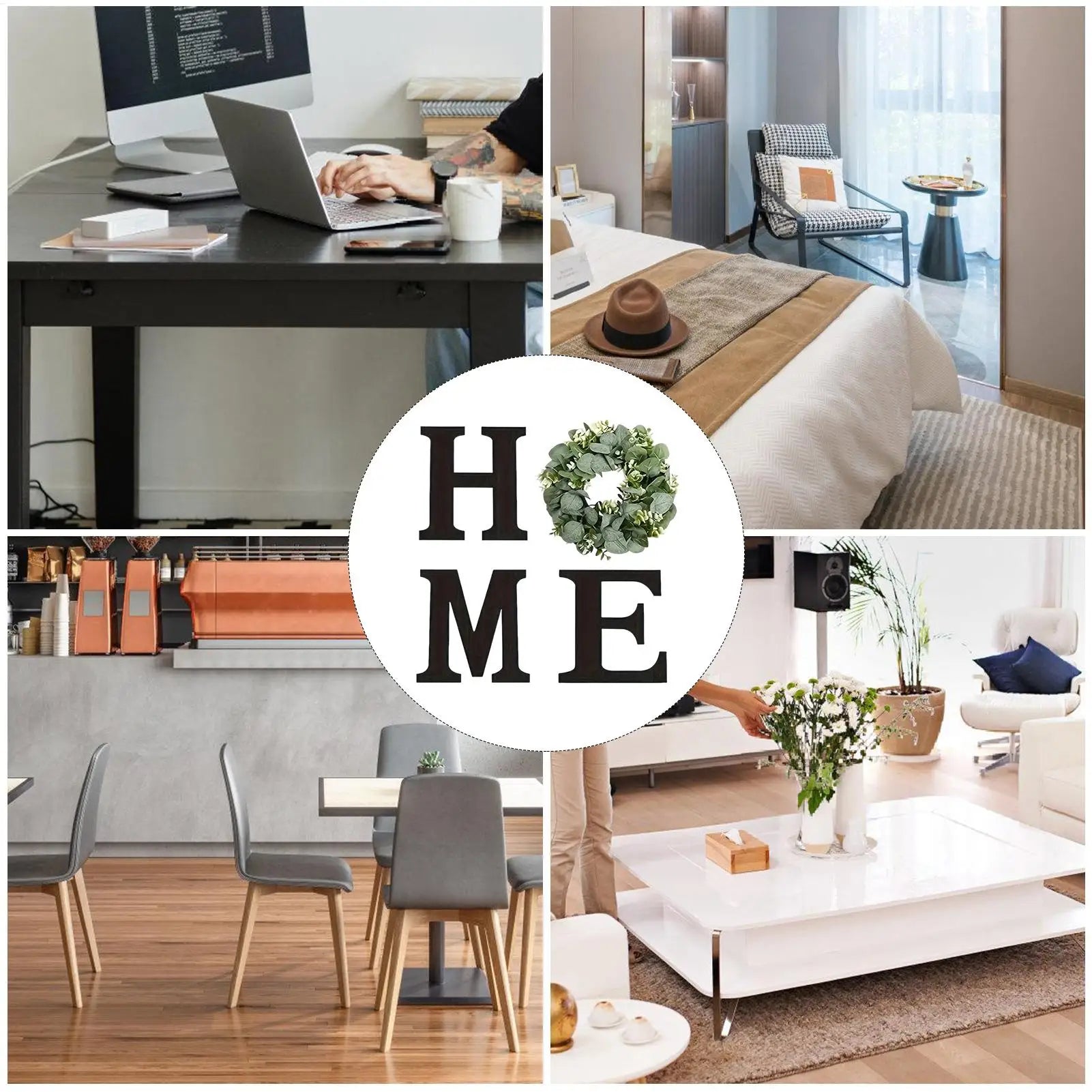 Wooden “HOME” Wall Sign with Faux Eucalyptus Wreath – Rustic Farmhouse Wall Decor for Kitchen & Living Room