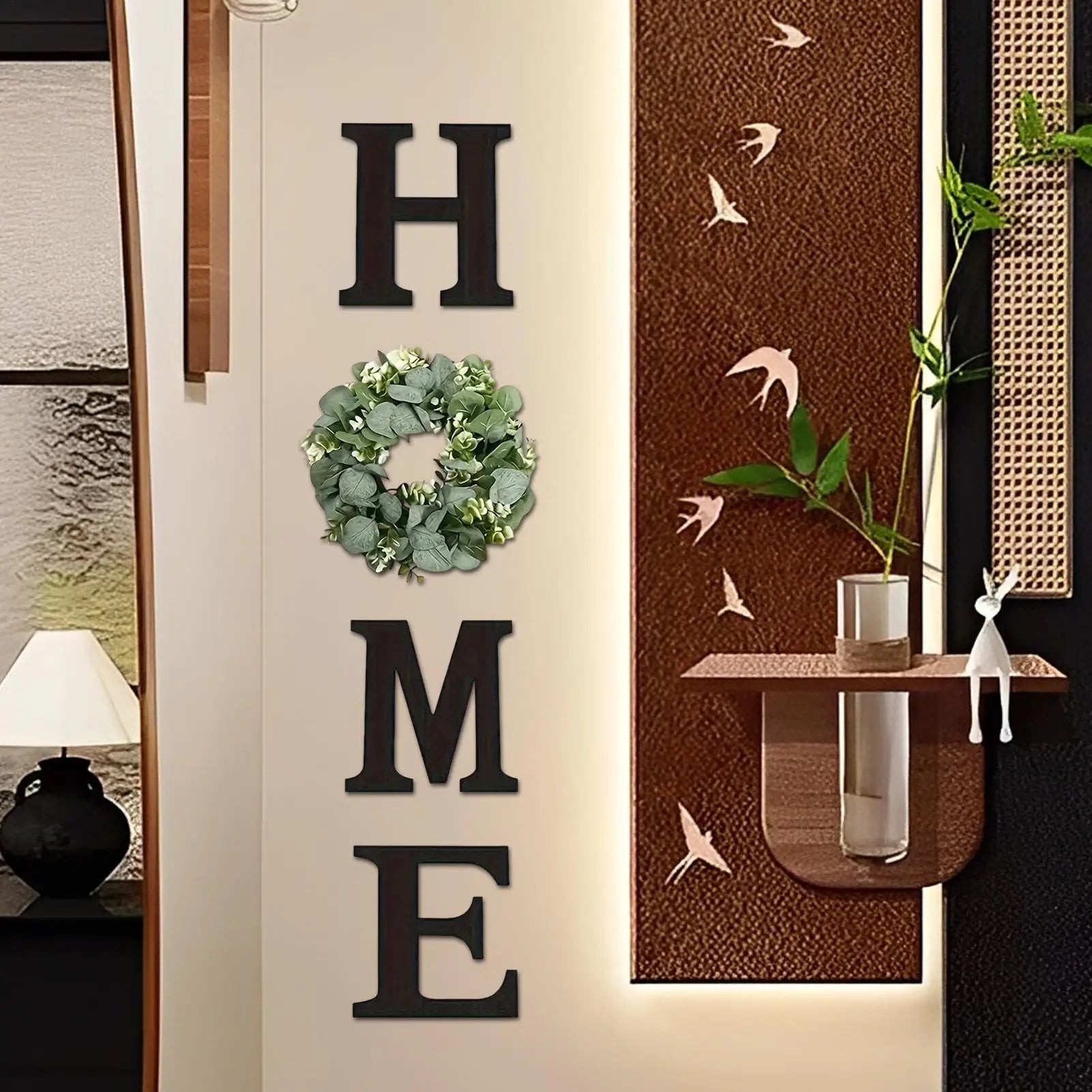 Wooden “HOME” Wall Sign with Faux Eucalyptus Wreath – Rustic Farmhouse Wall Decor for Kitchen & Living Room